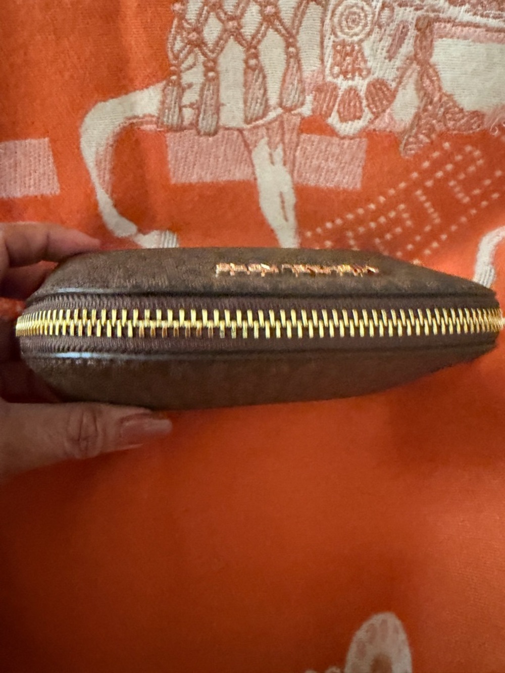 Michael Kors Brown and Gold MK Logo Dome Cosmetic Case - Picture 4 of 8